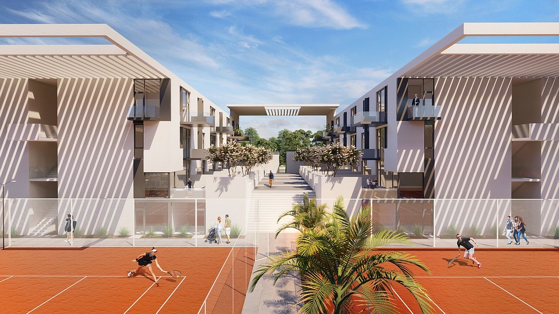 A rendering shows new tennis courts adjacent to a courtyard area between two residential buildings proposed for the Bath and Racquet site. Image courtesy Halflants + Pichette.