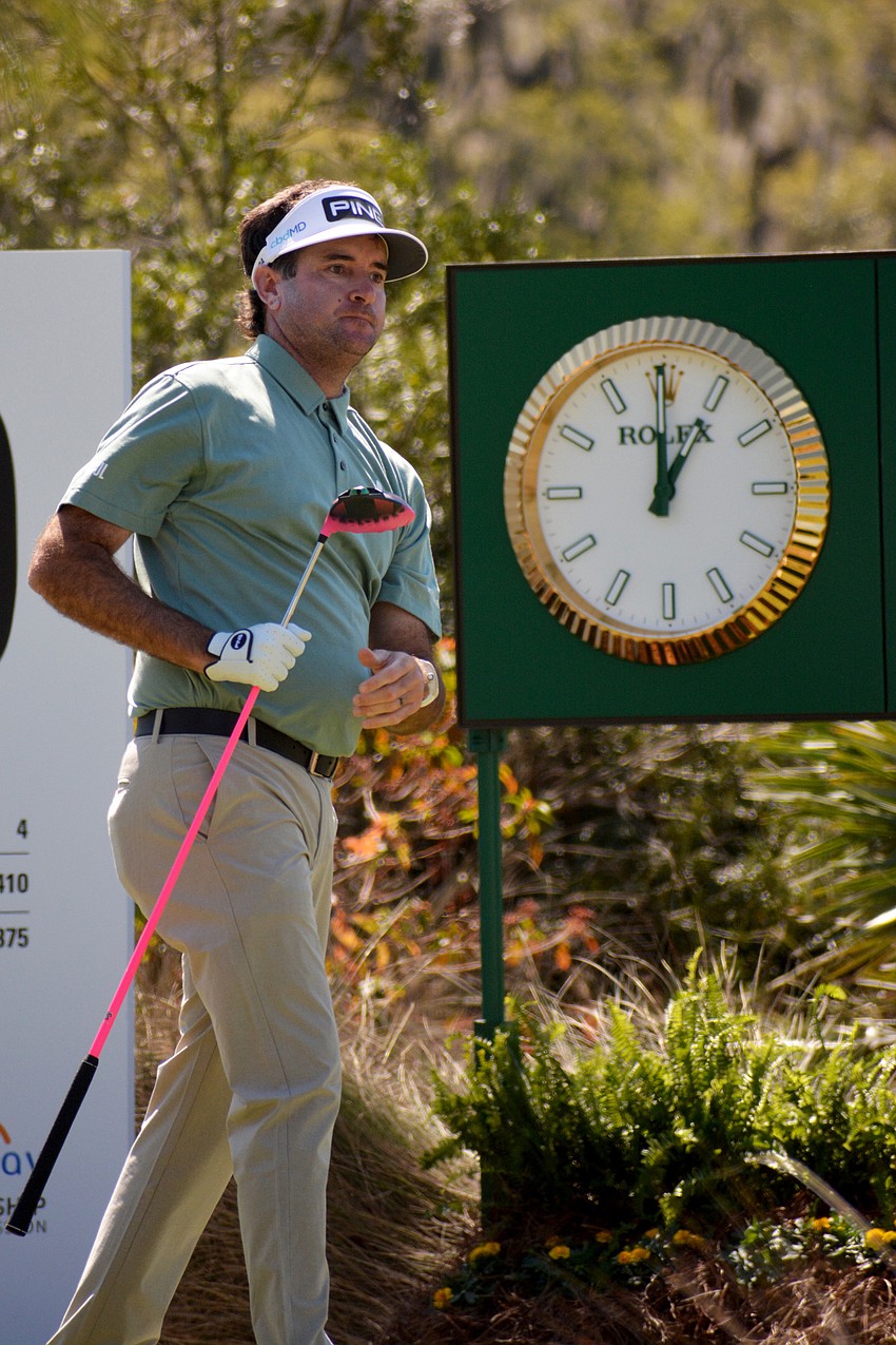 Bubba Watson watches his tee shot on the No. 10 hole at The Concession Golf Club. Watson finished his round five over par.