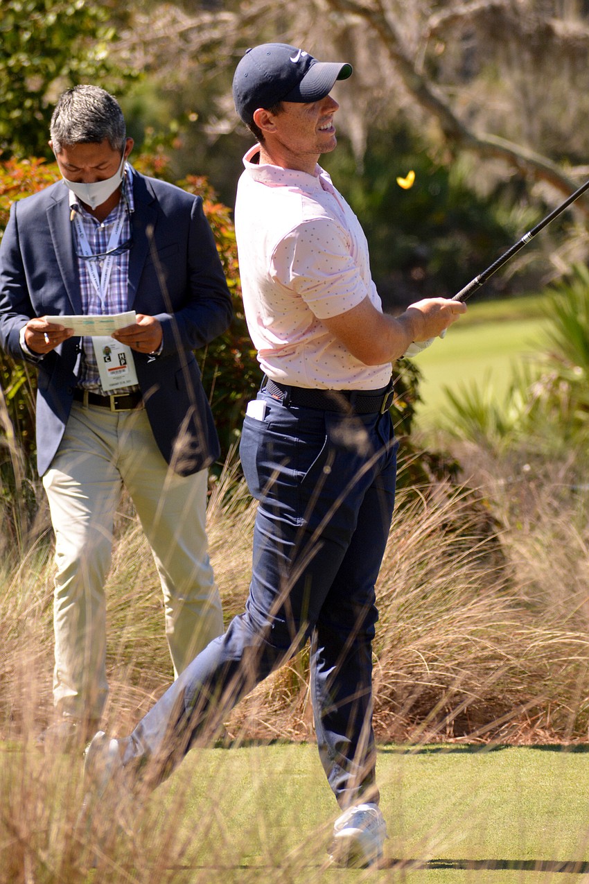 World No. 8-ranked Rory McIlroy tees off from the No. 10 hole at The Concession Golf Club. McIlroy would birdie the hole. He finished the round three under par.