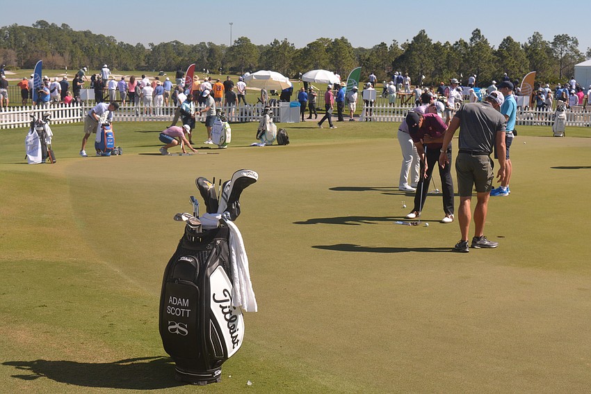 Adam Scott and other golfers practiced on the putting green before their rounds on Thursday.