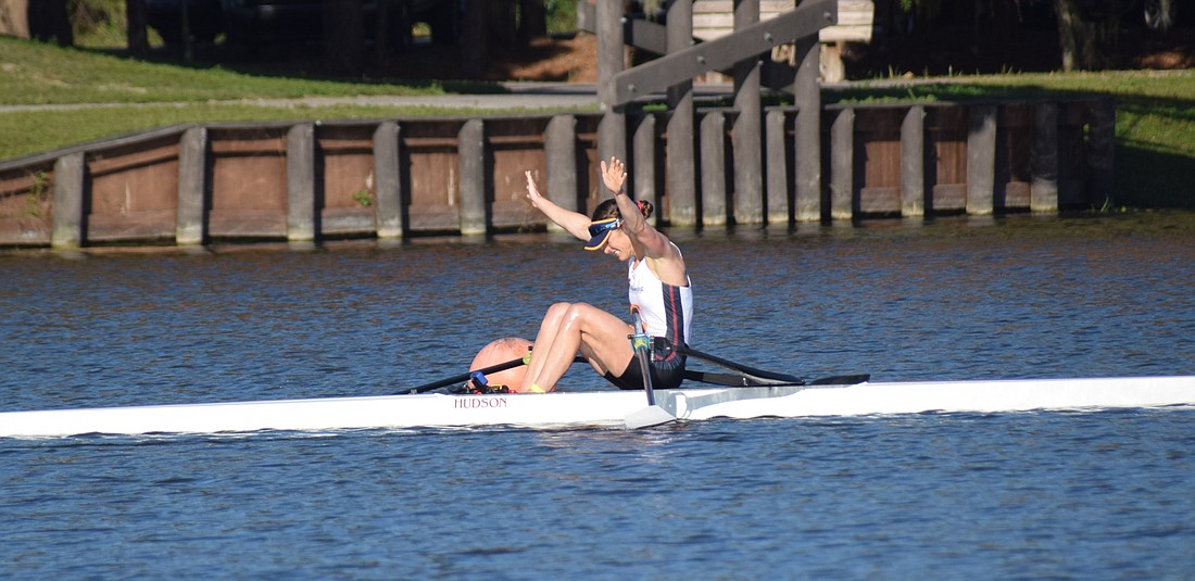 Kara Kohler celebrates at Nathan Benderson Park after she wins the U.S. Olympic Trials’ women’s single sculls competition on Feb. 26, 2021.