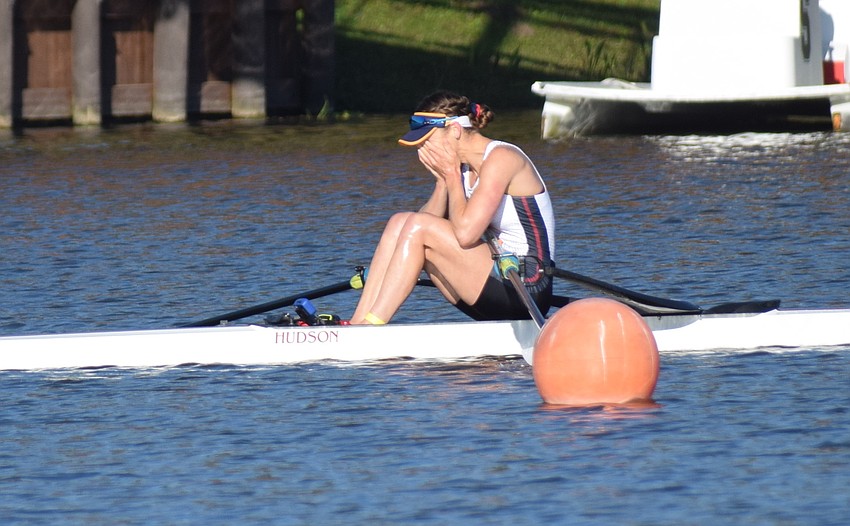 After a brief celebration, Kara Kohler becomes emotional after winning the U.S. Olympic Trials at Nathan Benderson Park in Sarasota.