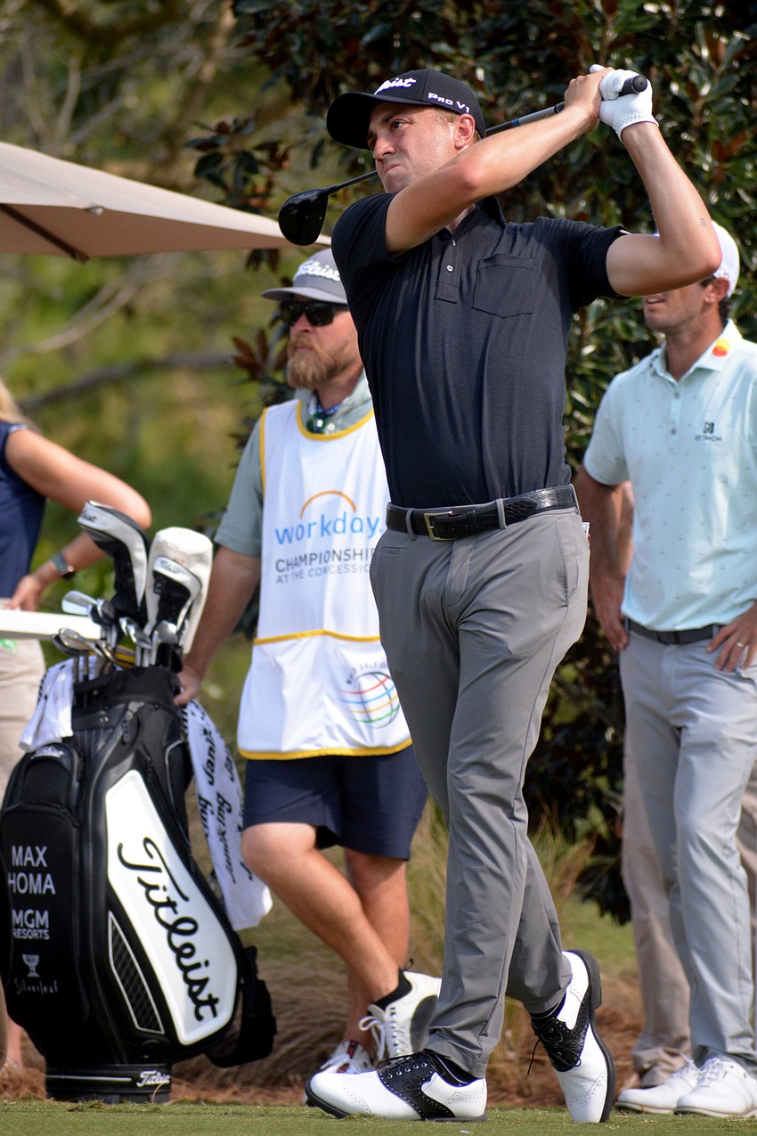 Justin Thomas his a tee shot from the No. 10 hole at The Concession Golf Club. Thomas would birdie the hole. He finished six under par for the round and is five under par overall.