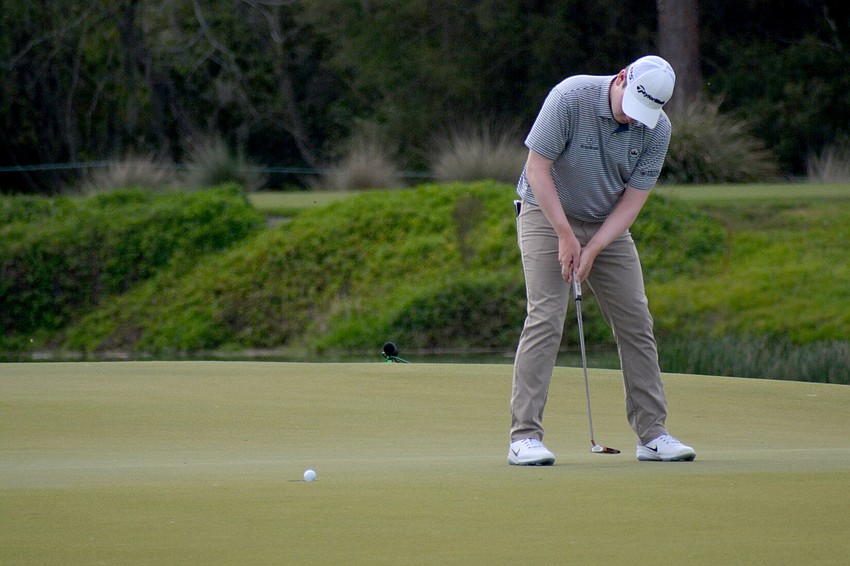 Robert MacIntyre sinks a birdie putt on the No. 18 hole at The Concession Golf Club. MacIntyre would shoot even par for the round and is two over par overall.