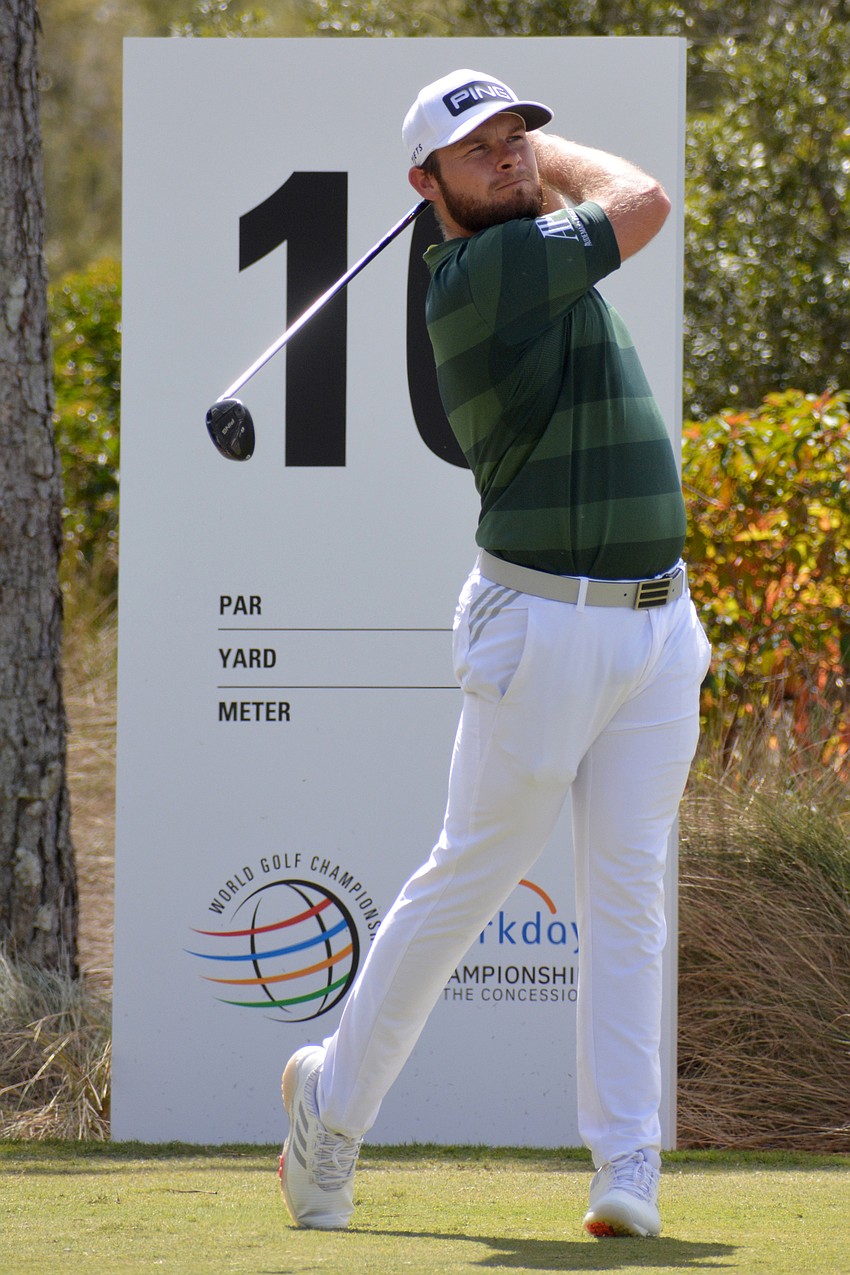 Tyrrell Hatton hits his tee shot on the No. 10 hole at The Concession Golf Club. Hatton would birdie the hole. He shot two under par for the round and is three under par overall.