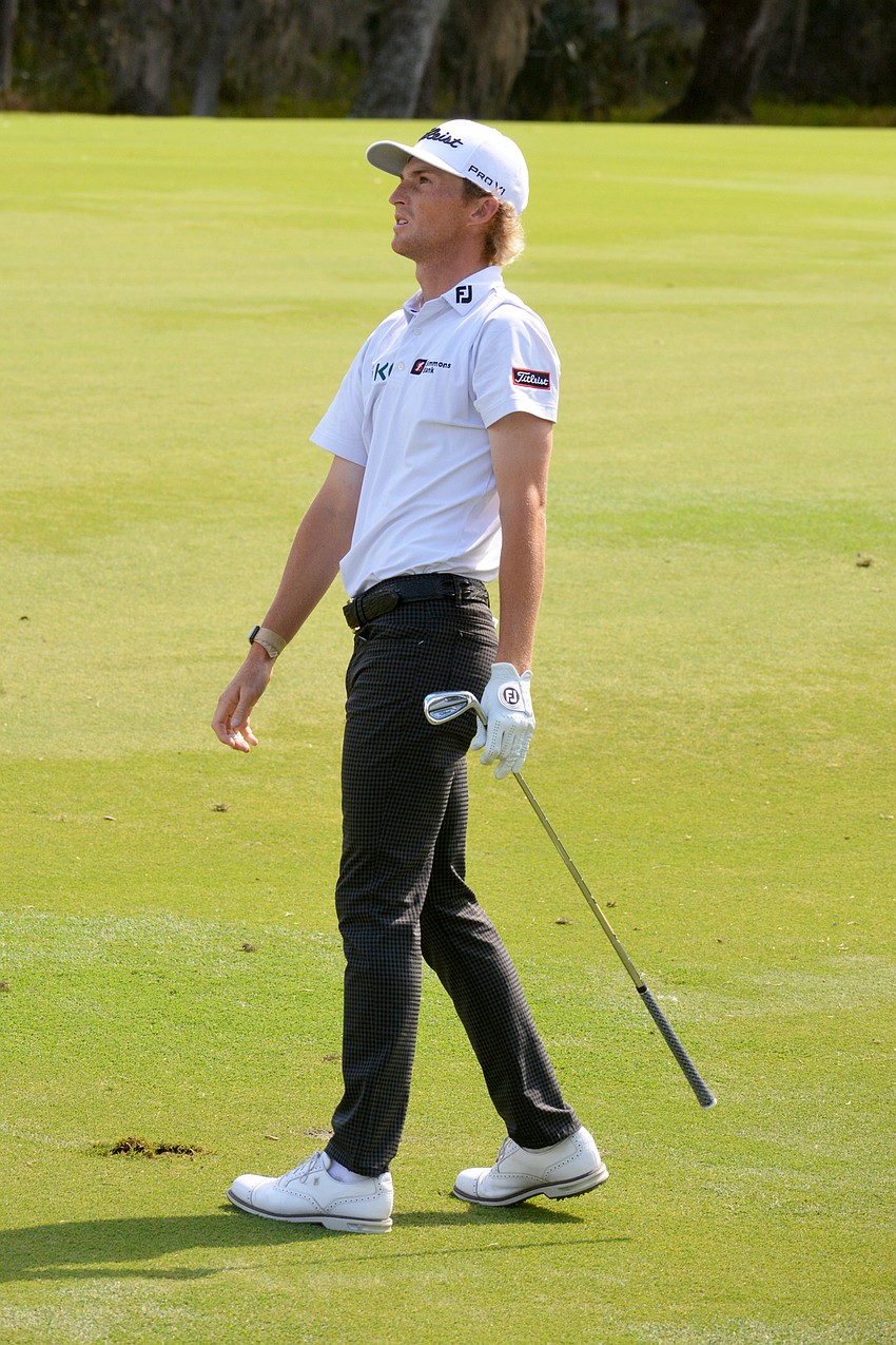 Will Zalatoris watches his second shot on the No. 9 hole at The Concession Golf Club. Zalatoris would par the hole. He shot four under par for the round and is seven under par overall.