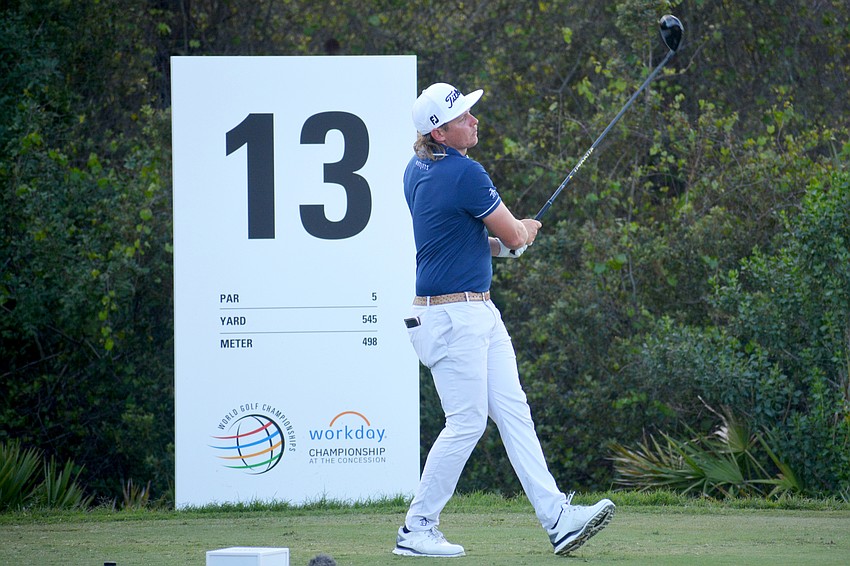 Cameron Smith steps to the side after his tee shot on the No. 13 hole at The Concession Golf Club. Smith would double bogey the hole. He shot five over par for the round and is five under par overall.