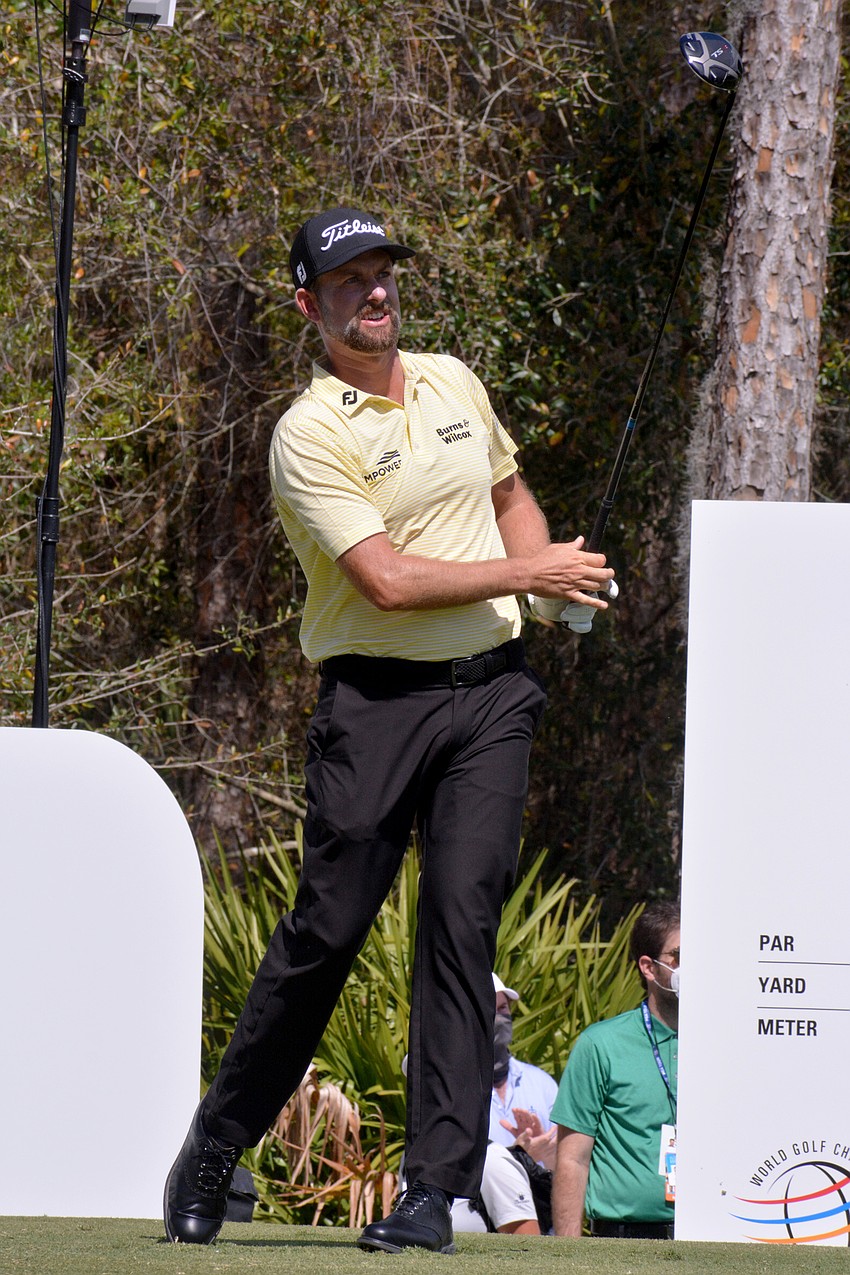 Webb Simpson hits his tee shot on the No. 1 hole at The Concession Golf Club. Simpson would birdie the hole. He finished the tournament 12 under par.