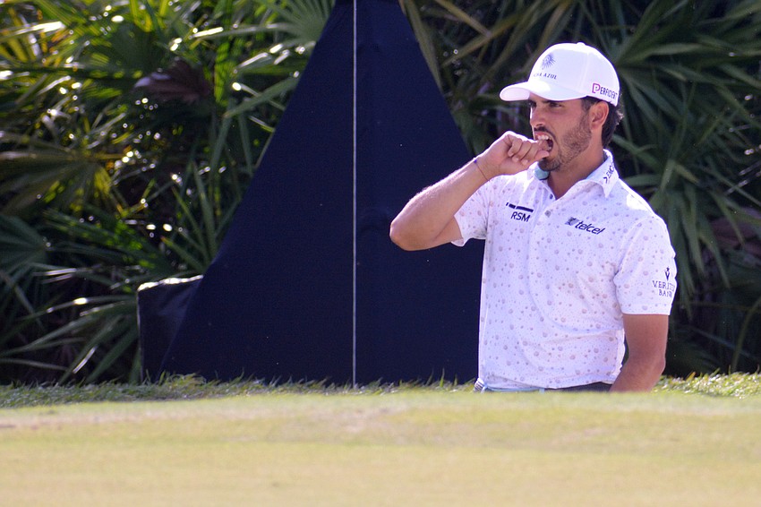Abraham Ancer bites his knuckles while watching his second shot on the No. 12 hole at The Concession Golf Club. Ancer would birdie the hole. He finished the tournament seven under par.