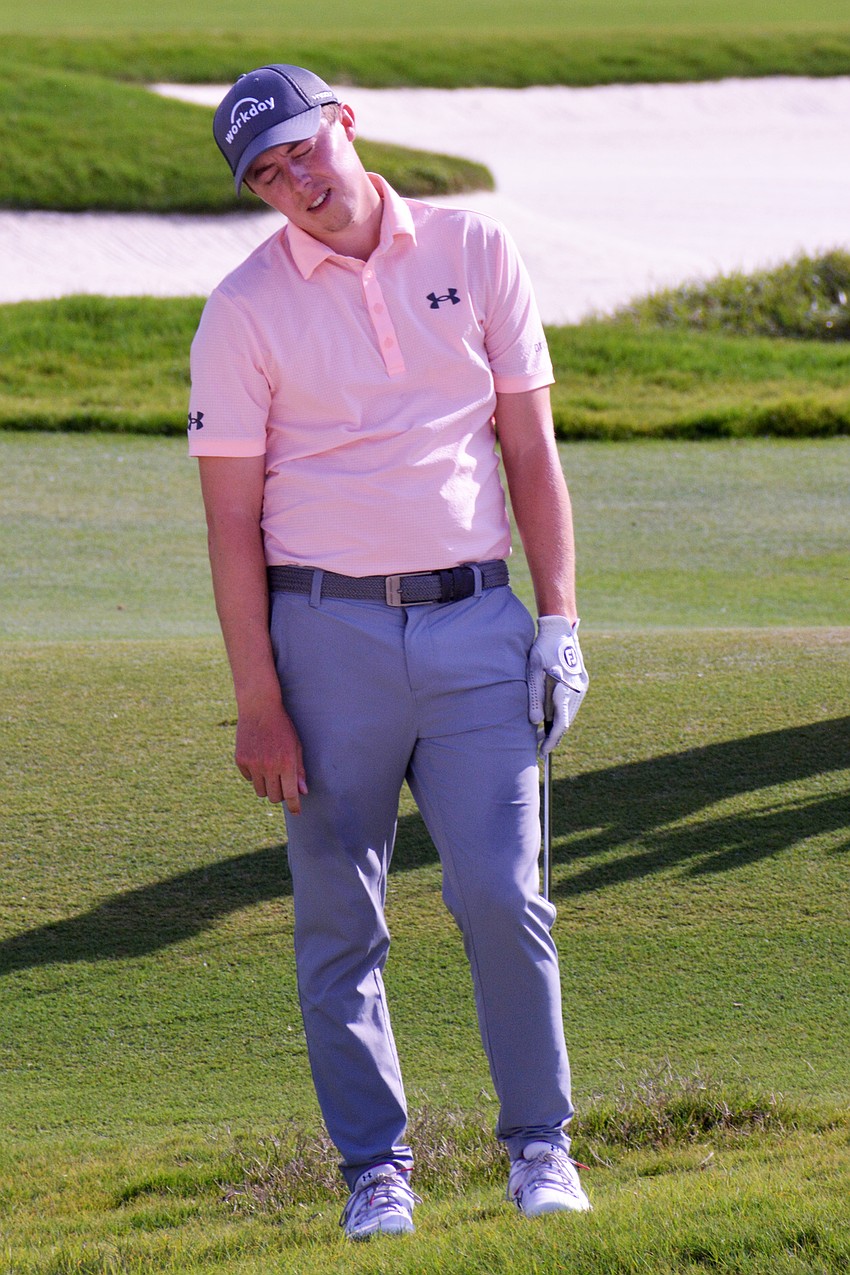 Matthew Fitzpatrick expresses his displeasure with his chip shot on the No. 12 hole at The Concession Golf Club. Fitzpatrick would birdie the hole. He finished the tournament 10 under par.