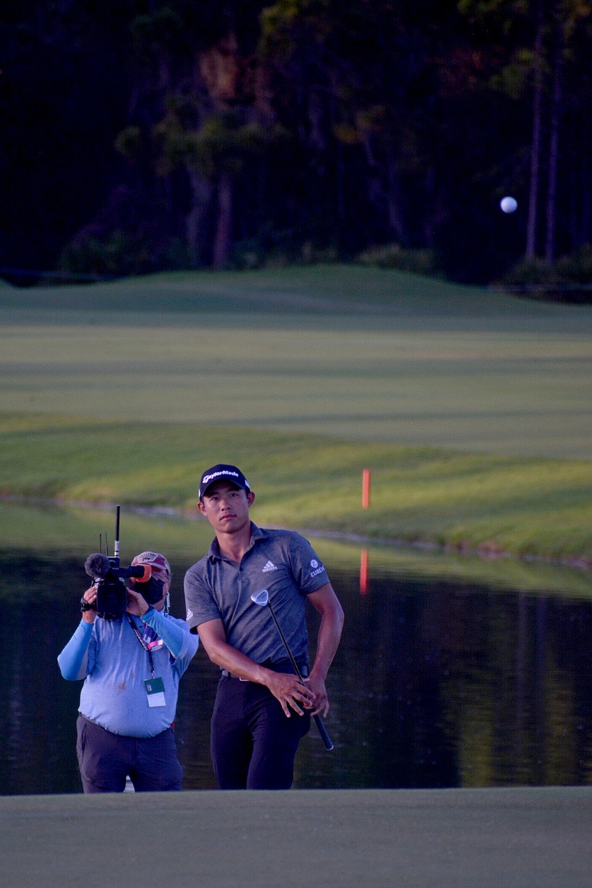 Collin Morikawa chips onto the No. 18 green at The Concession Golf Club.