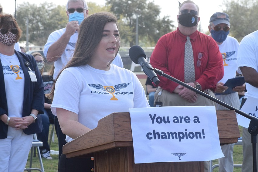 Faith Bench, a former Braden River Middle School teacher who is now a curriculum specialist, thanks employees for their dedication to the students.