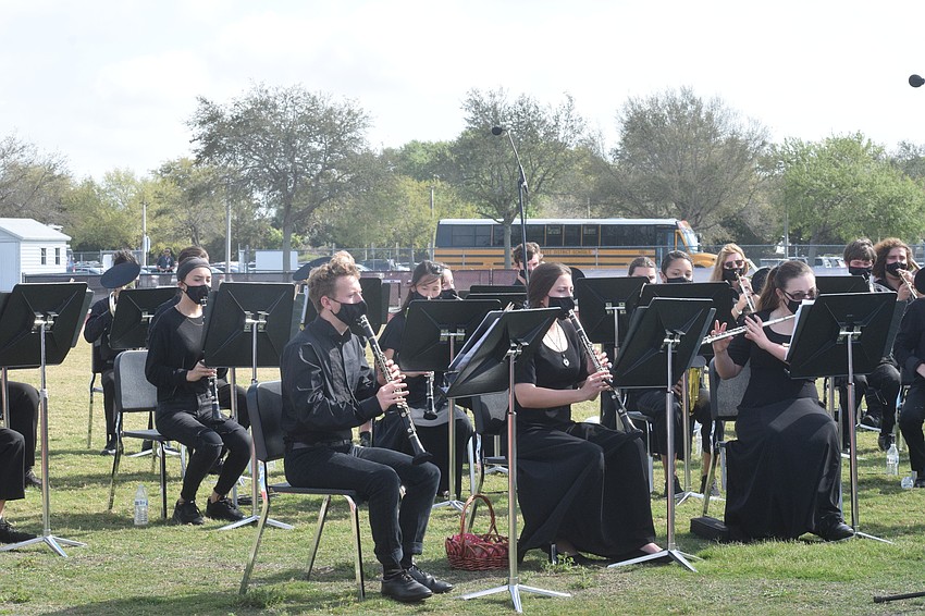 Braden River High School band members perform a rendition of 