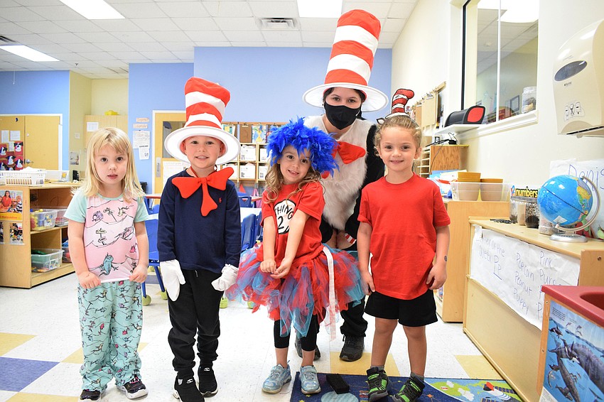 Quinn Warner, Grant Jones, Brielle Paulina, Mariah Esparza and Dominic Fernandez go all out dressing up for Dr. Seuss day at Kiddie Academy.