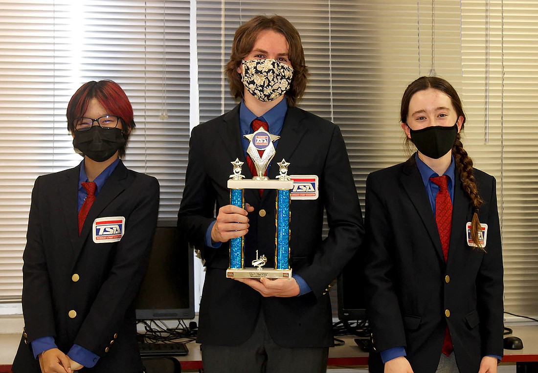R. Dan Nolan Middle School TSA members Emma Hubley, Callum Wilford and Virginia Frisbie celebrate their first place win for Leadership Strategies. Courtesy of Nadine Anderson.