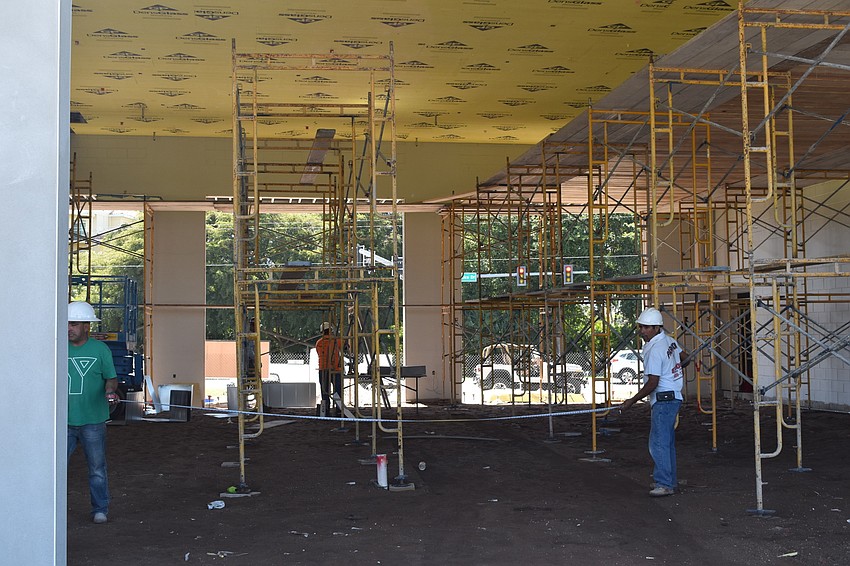 Scaffolding inside of the garage at Fire Station 92 shows the work of Jon F. Swift Construction crews.