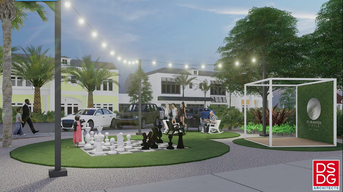 After producing concept plans for a parklet, depicted in the rendering above, the St. Armands Business Improvement District received construction quotes that were more than four times over budget, so the group is scaling back.