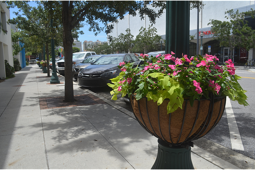 The Downtown Improvement District and St. Armands Business Improvement District are responsible for projects such as the lightpole flower baskets in downtown Sarasota. File photo.