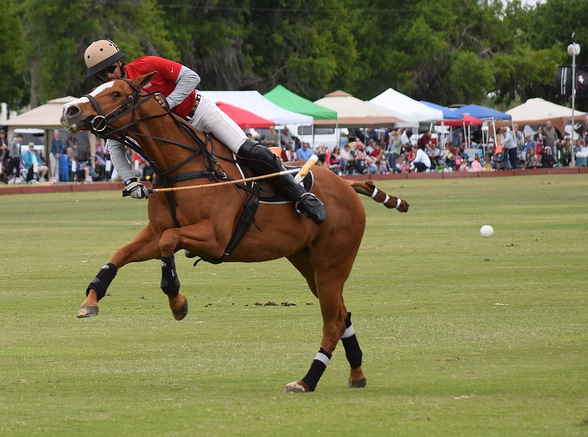 Hillcroft Farm's Mason Wroe scores from a sharp angle on a terrific shot at the Sarasota Polo Club March 21.