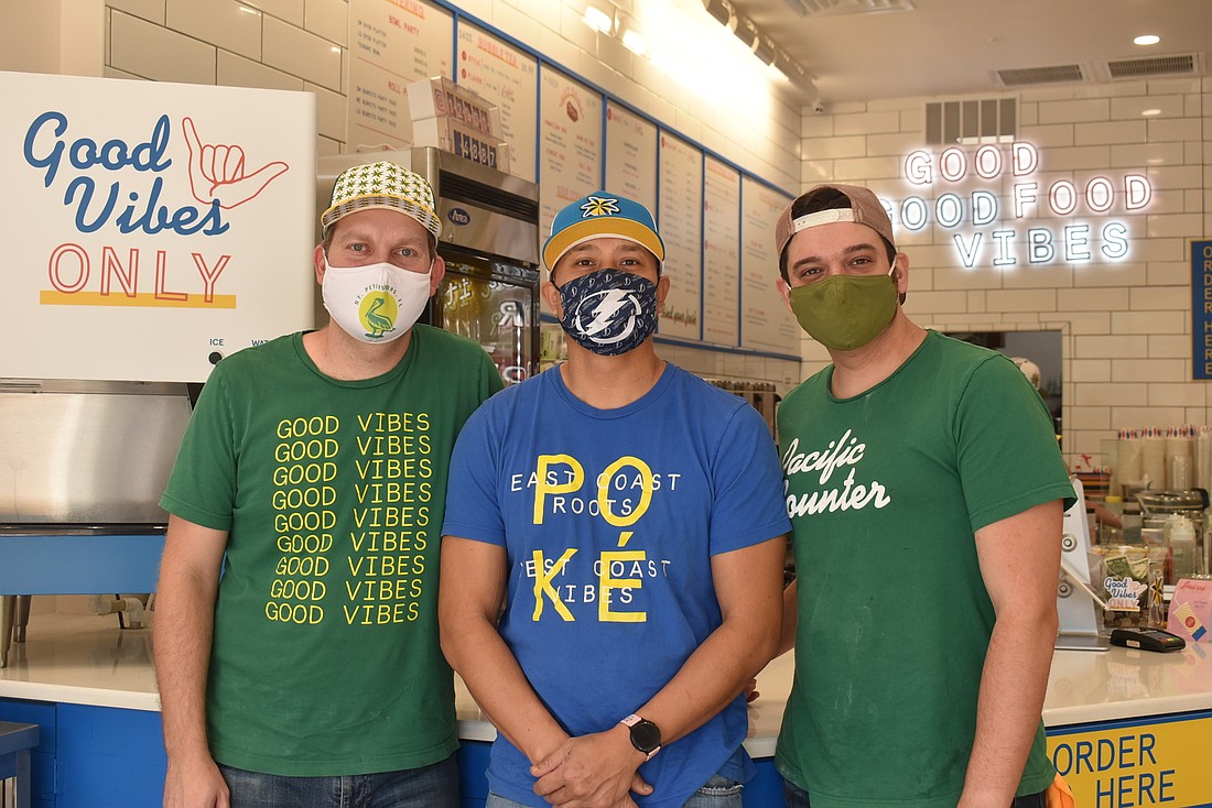 Pacific Counter co-founders Tanner Loebel,  Eric Bialik and Tock Noythanongsay serve poke and sushi in a fast-casual setting.