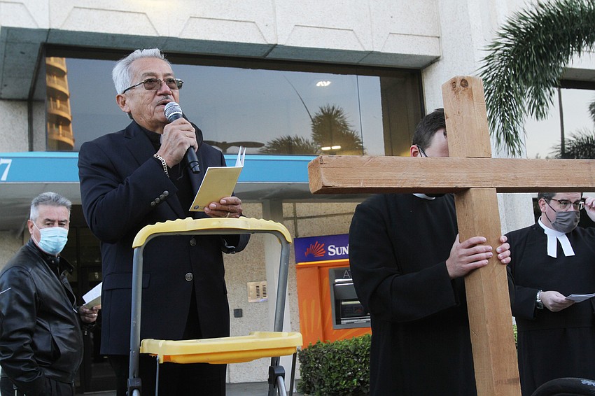 Deacon Humberto Alvia spoke at one of the first stations.