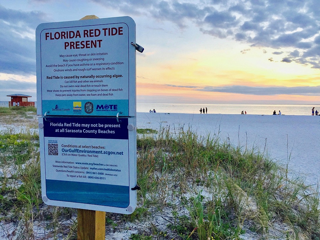 The Florida Department of Health in Sarasota County will post signage on area beaches Friday alerting the public about the presence of red tide in the water. File photo