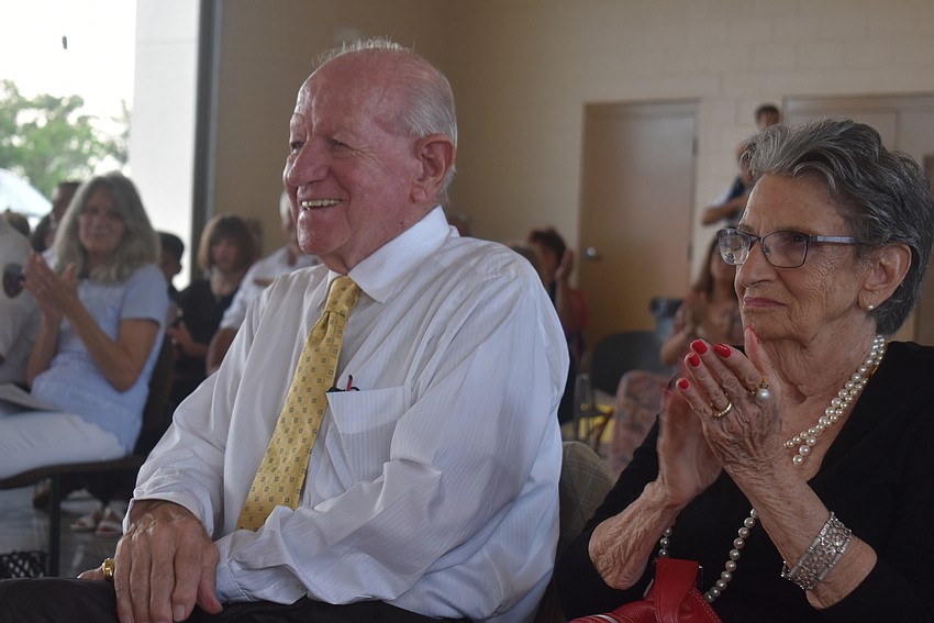 Former East Manatee Fire Rescue District Commissioner Don O'Leary is recognized for his service with his wife, Audrey O'Leary, by his side. East Manatee Station 8 was dedicated in O'Leary's honor.