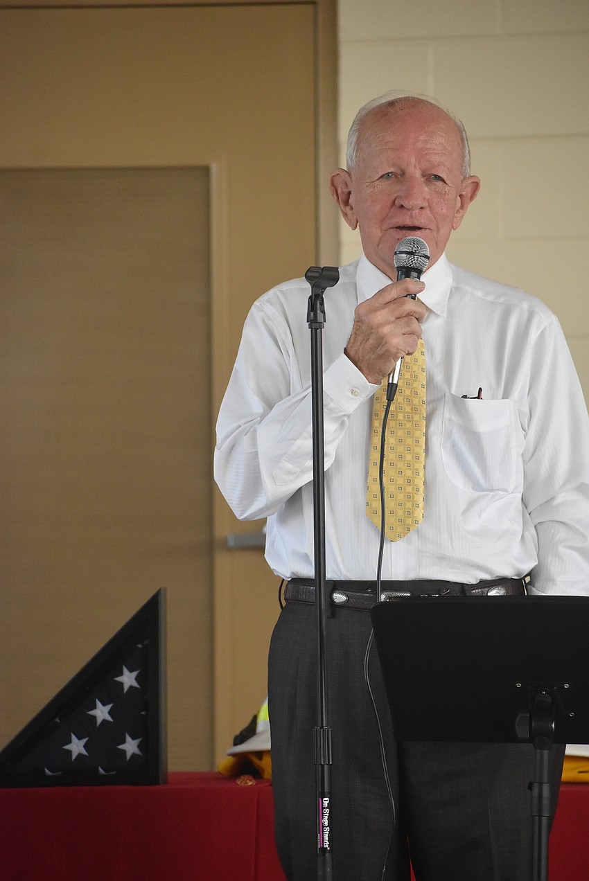 Former East Manatee Fire Rescue District Commissioner Don O'Leary speaks at the grand opening of East Manatee Station 8, which is dedicated in his honor.