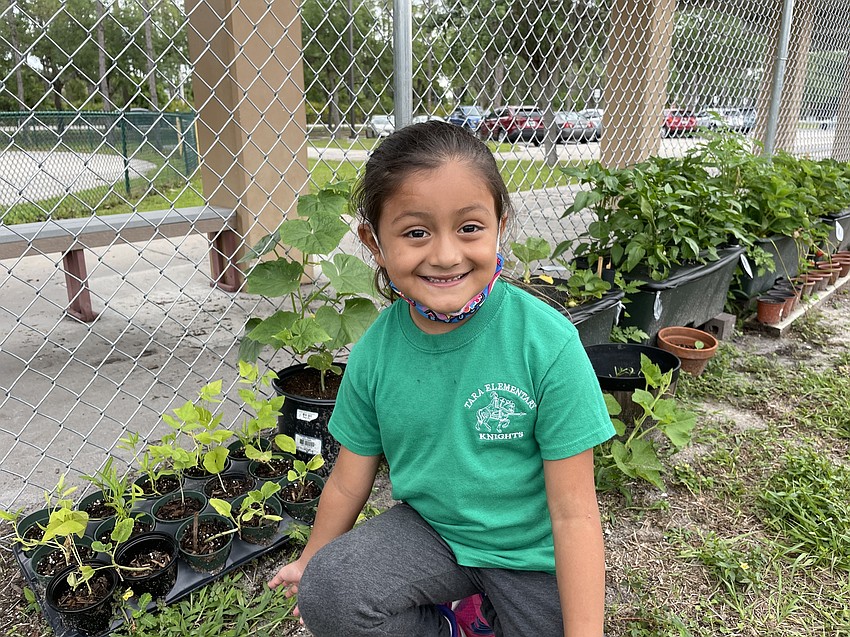 Abigail Garcia, a Tara Elementary School kindergartner, shows some of the bean and gourd plants in  the garden.