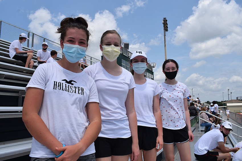 Courtney Flesche, Lauren Cunningham, Kayleigh Broundy and Virginia Frisbie are excited to join the Marching Mustangs as incoming freshmen. They hope the band will be able to compete next year.