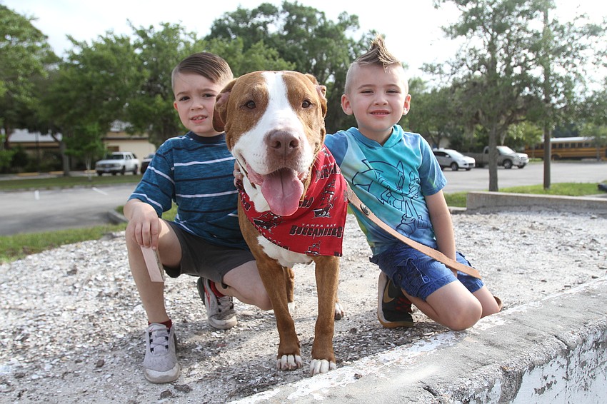 Jayden and Johnnie Farenga with Rocco the pit bull