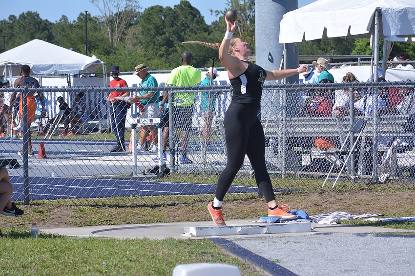 Lakewood Ranch senior Riley Simmons fires off her shot put attempt. SImmons would win the Class 4A event (44 feet, 3.25 inches).