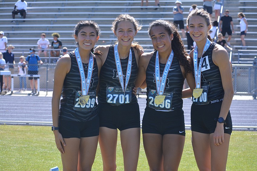 Lakewood Ranch juniors Ariana Majaro, Grace Marston, Maya Bridgeford and Hailey Marston received silver medals for finishing second in the girls Class 4A 4x800 relay (9:15.87).