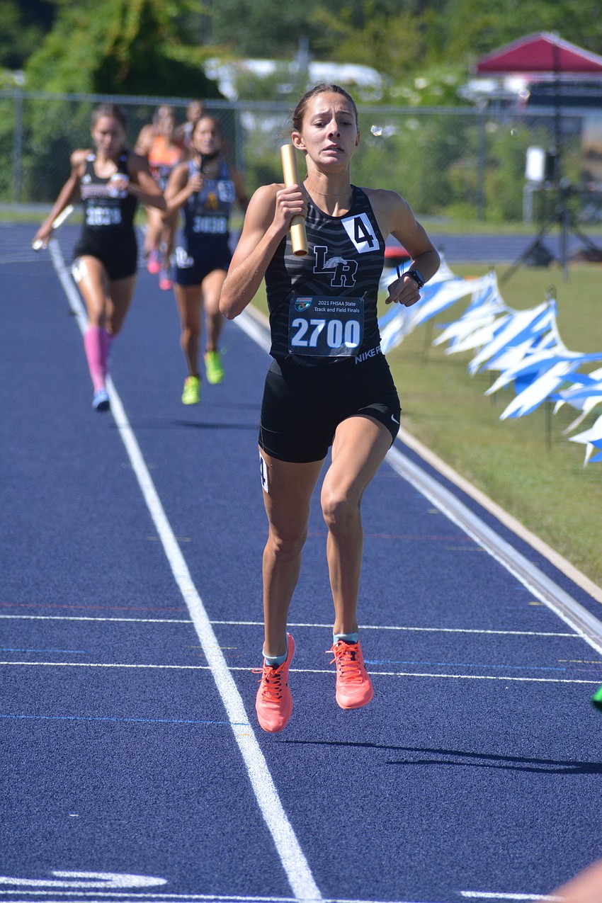 Lakewood Ranch junior Grace Marston finishes the anchor leg of the team's Class 4A 4x800 relay. The Mustangs would finish second (9:15.87).