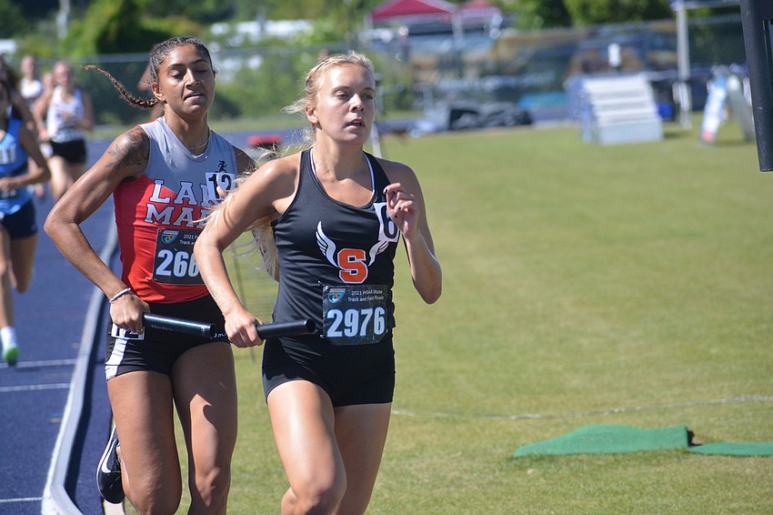 Sarasota senior Marissa Kempf runs the second leg of the Class 4A girls 4x800 relay. The Sailors would finish sixth (9:30.54).