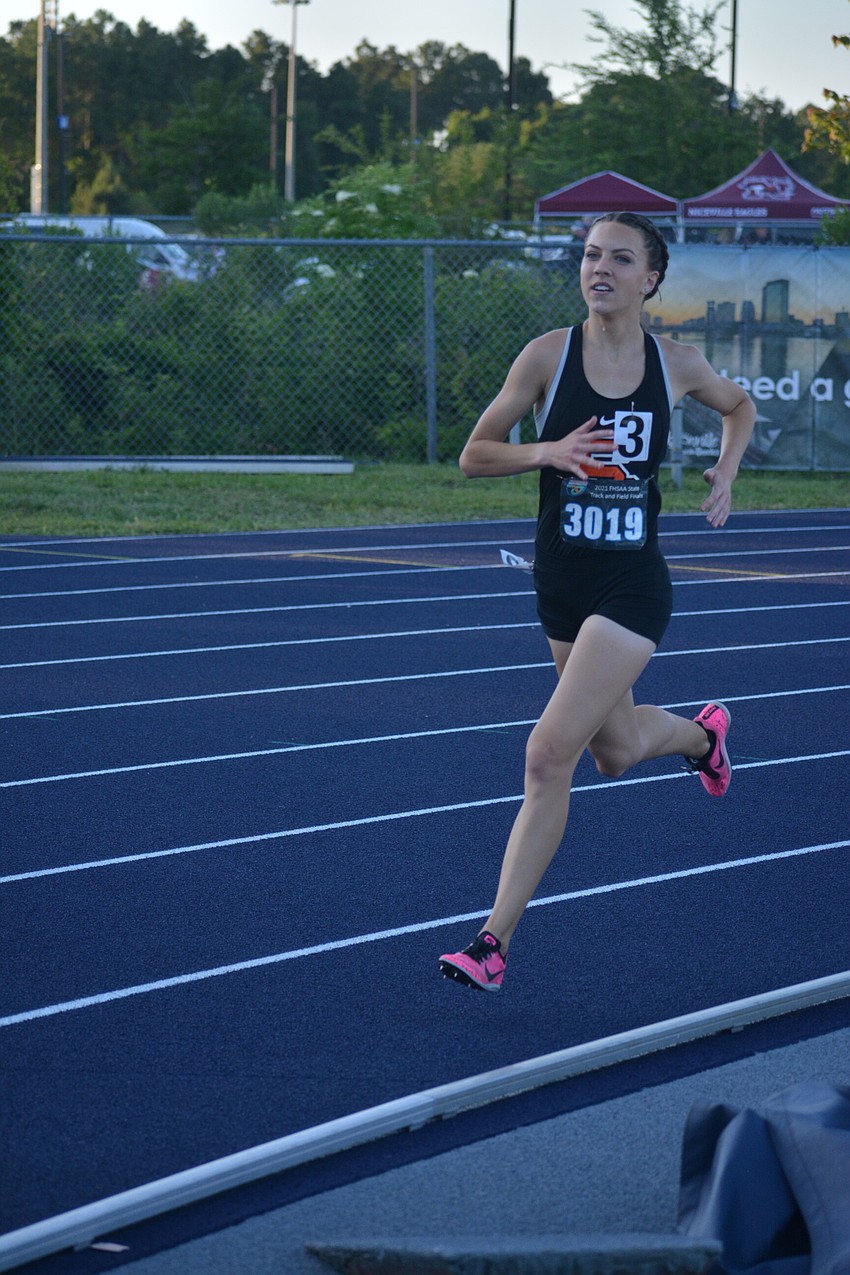 Lakewood Ranch junior Aurora Melzer sprints to the finish during the Class 4A girls 3,200 meter run. Melzer would finish ninth (11:03.80).