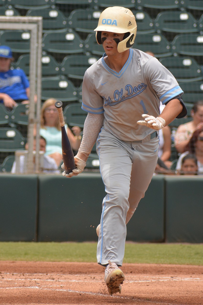 ODA senior Logan Tribble tosses his bat after walking to lead off the game.