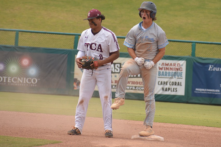 ODA junior Aidan Marino lets out a yell after sliding into second base in the seventh inning. Marino would later score the game-tying run.