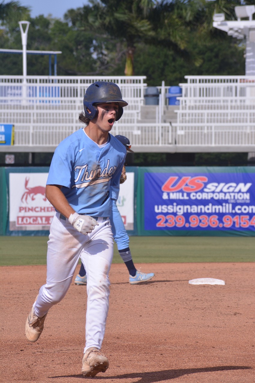 ODA junior Aidan Marino lets out a yell while rounding third base on a home run trot. Marino's home run gave the Thunder a 4-2 lead in the fourth inning.