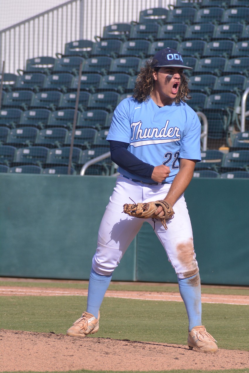 ODA senior Tyler Colditz screams after recording a strikeout to end the sixth inning.