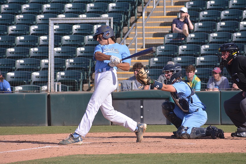 ODA senior Nolan Lewellen rips a home run to left field in the sixth inning to give the Thunder a 5-3 lead.