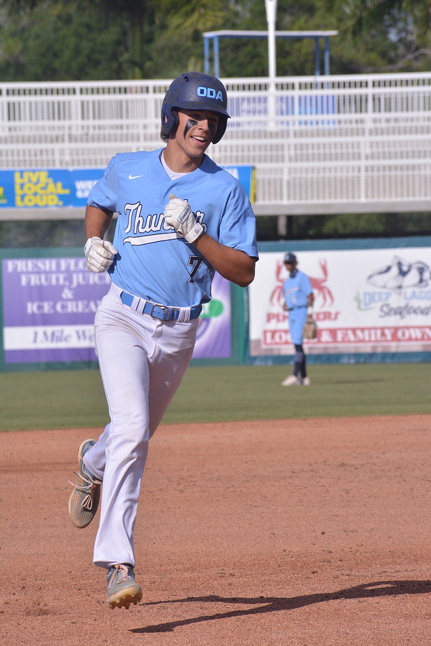 ODA senior Nolan Lewellen trots around the bases after his sixth-inning home run.