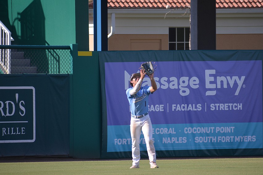 ODA senior Logan Tribble catches a fly ball for the second out of the seventh inning.