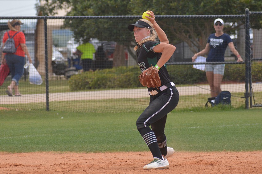 Lakewood Ranch sophomore Addyson Bruneman fires a ball to first base from shortstop.