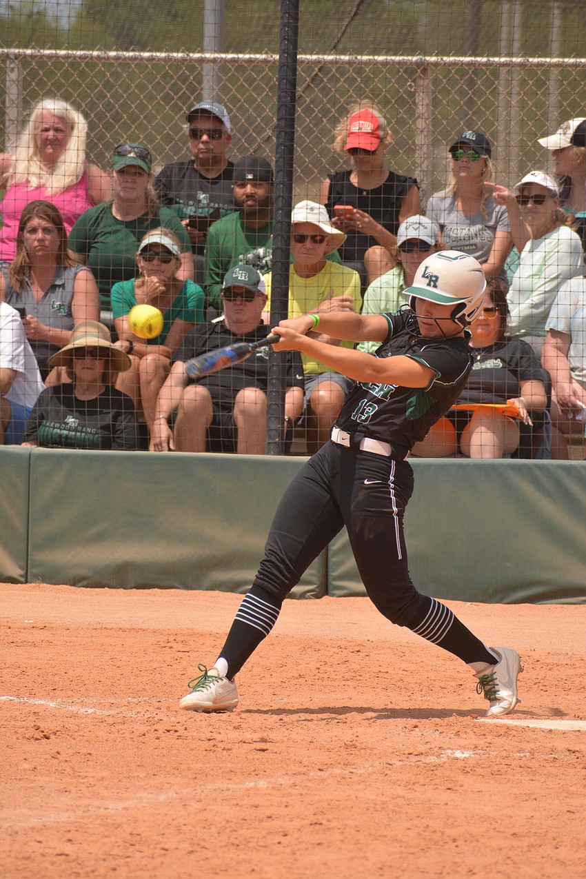 Lakewood Ranch junior Taylor Shepherd slices a double down the left field line.