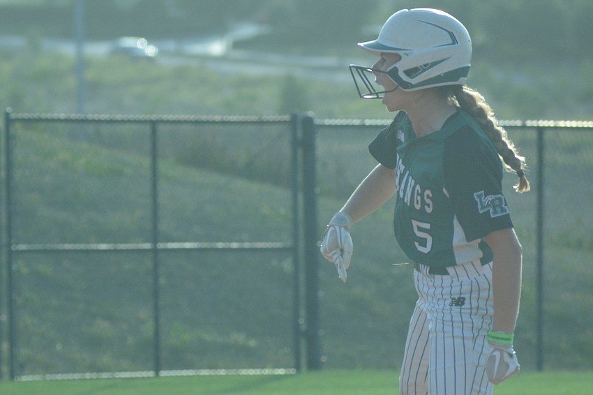 Lakewood Ranch junior Ella Coiner screams after hitting a double.