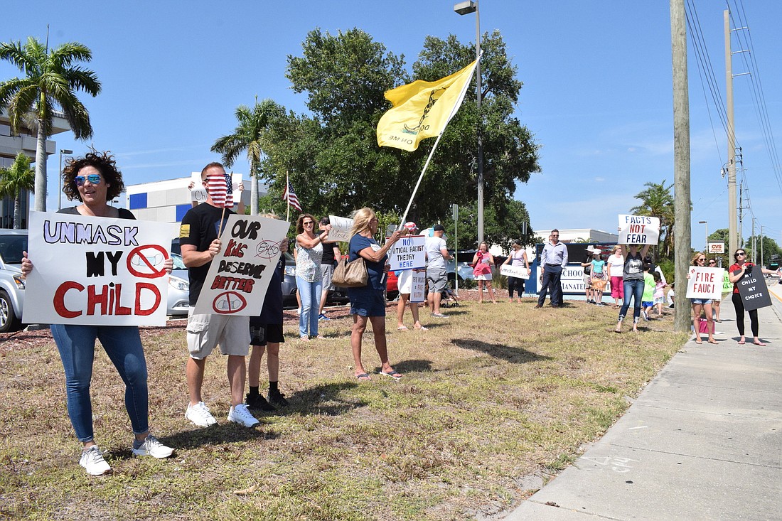 School District of Manatee County families protest to have the mask mandate removed.
