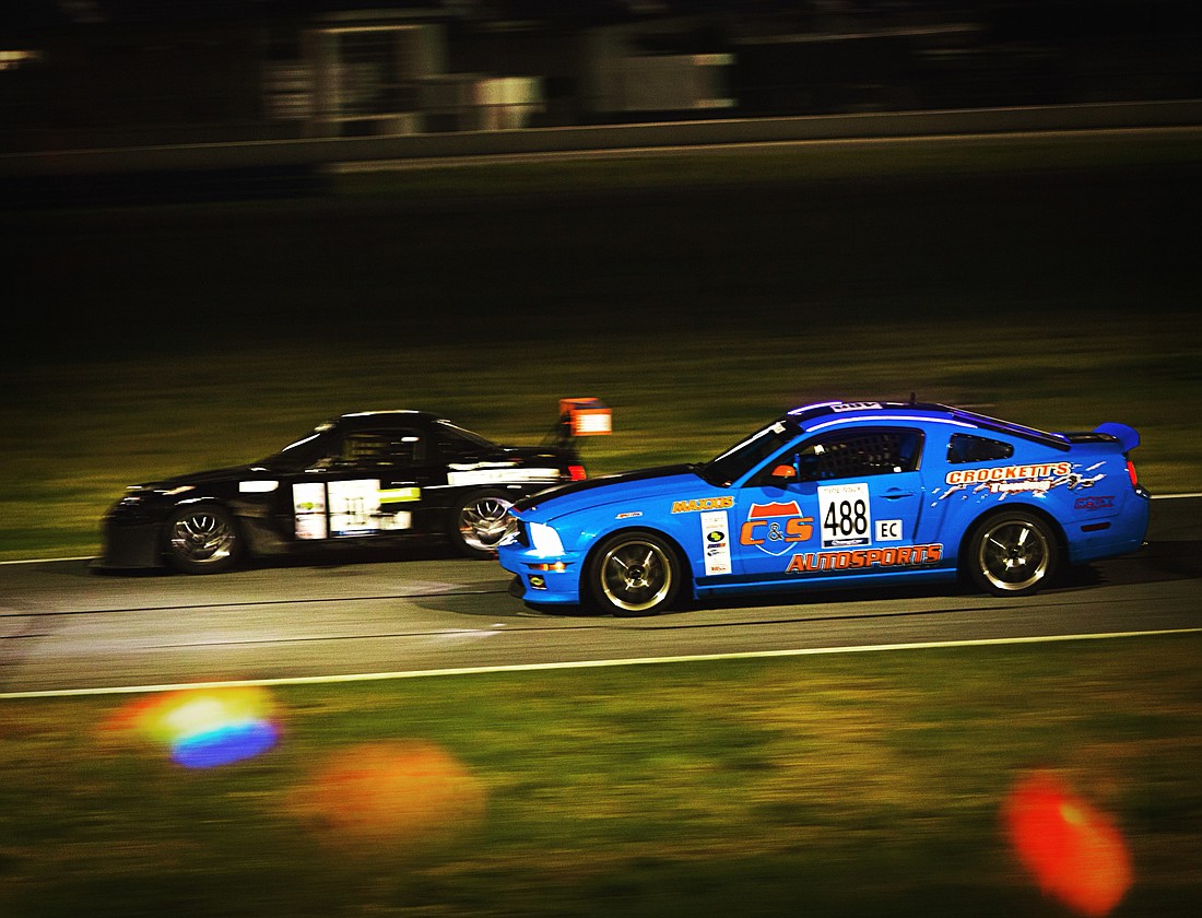 Lyle Anderson drove his blue Ford Mustang in the Daytona Beach 14-hour race in April. Photo courtesy Lyle Anderson.