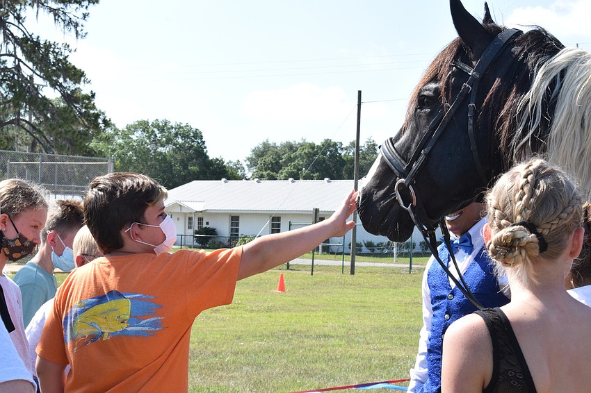 Gabe Hernandez, a fifth grader, pets Pinto the horse after seeing Circus on the Ranch perform.