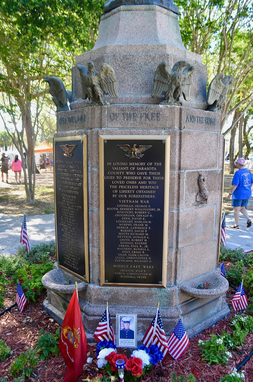 Panels on the war memorial in J.D. Hamel Park honor the Sarasotans who died in the service of their country. This side honors those killed in the Vietnam War and in the Middle East.